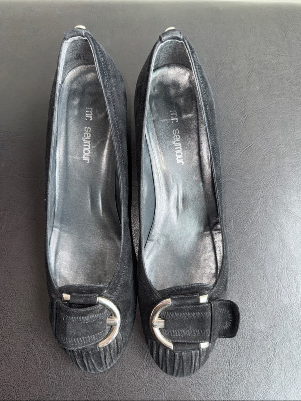 MAKE OFFER! Stuart Weitzman Mr. Seymour Black Suede Buckle Loafers 8.5US Narrow - Picture 3 of 11